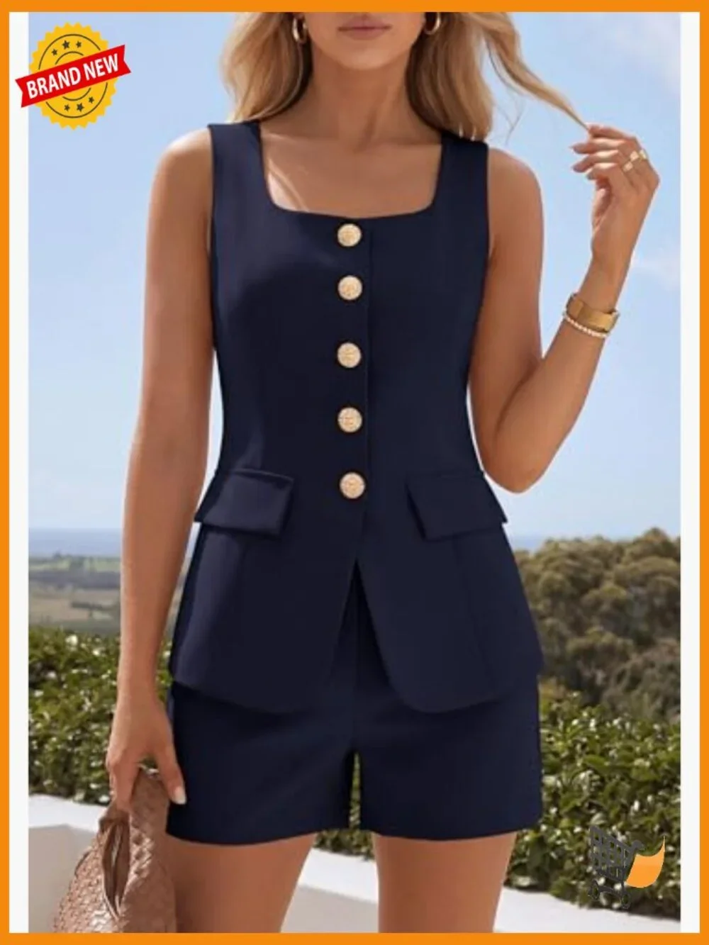 Matching Two Piece Set Vest Top and Shorts Summer Outfits Sleeveless Square Neck